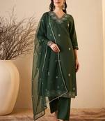 Green color smart and fancy silk blend embroidered readymade salwar kameez