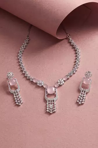 pink necklace set with matching earrings for women