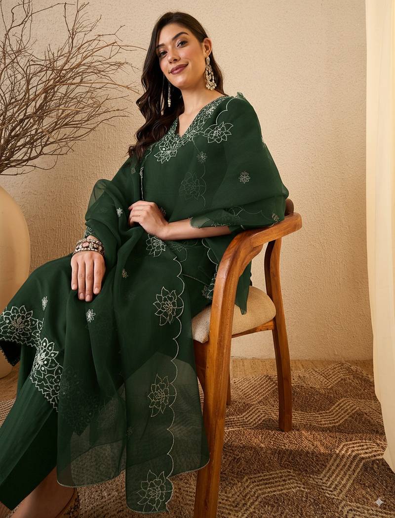 Green color smart and fancy silk blend embroidered readymade salwar kameez