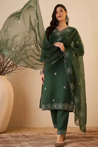 Green color smart and fancy silk blend embroidered readymade salwar kameez