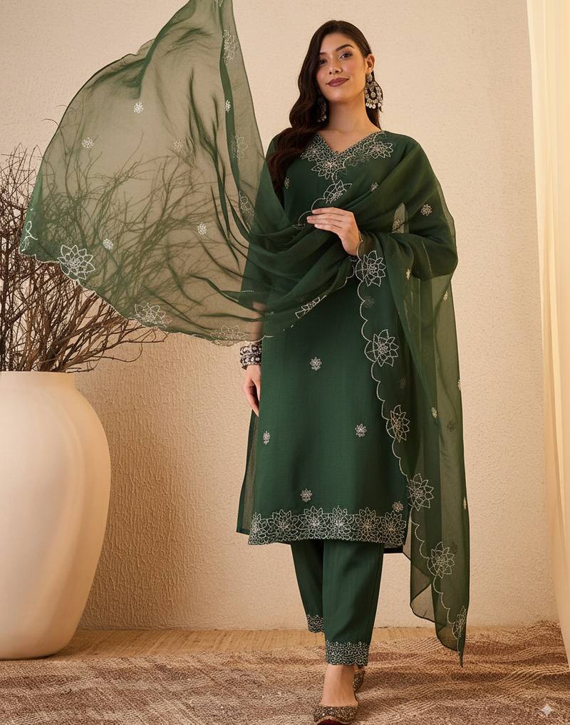 Green color smart and fancy silk blend embroidered readymade salwar kameez