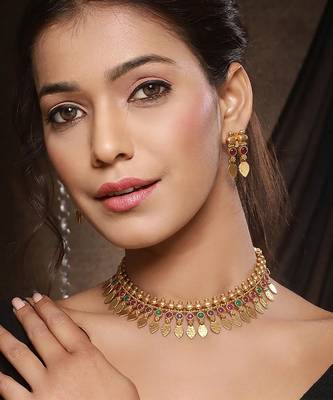 Gold plated temple necklace set with multicolor stones and matching earrings 1
