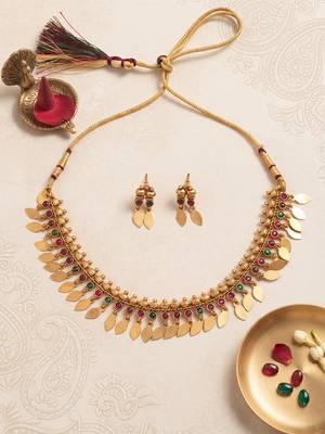 Gold plated temple necklace set with multicolor stones and matching earrings 2