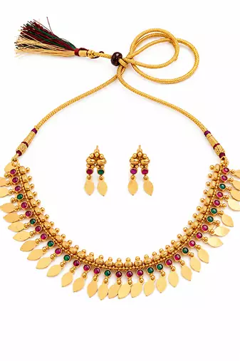 Gold plated temple necklace set with multicolor stones and matching earrings