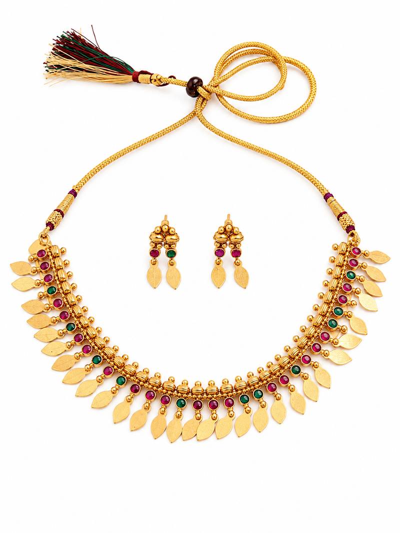 Gold plated temple necklace set with multicolor stones and matching earrings