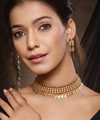 Gold plated temple necklace set with multicolor stones and matching earrings 1