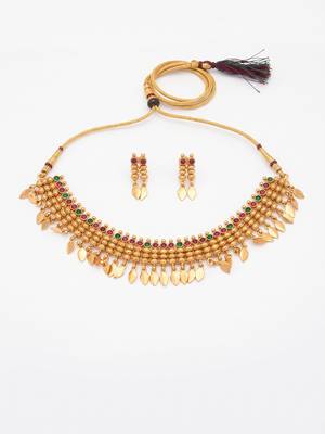 Gold plated temple necklace set with multicolor stones and matching earrings 3
