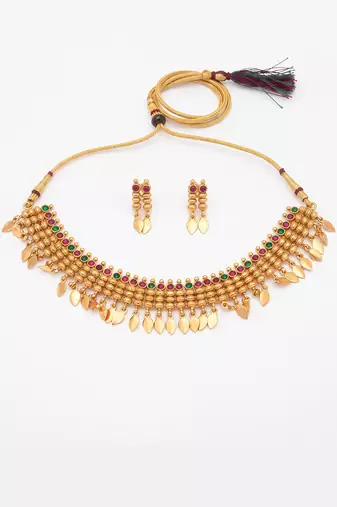Gold plated temple necklace set with multicolor stones and matching earrings