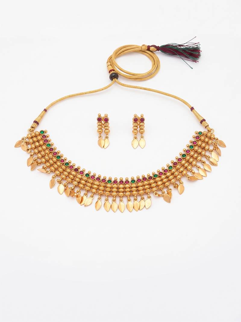 Gold plated temple necklace set with multicolor stones and matching earrings