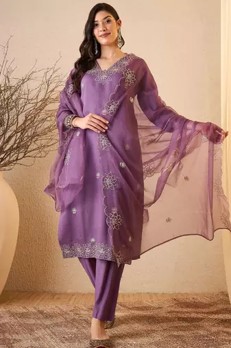 Purple color smart and fancy silk blend embroidered readymade salwar kameez