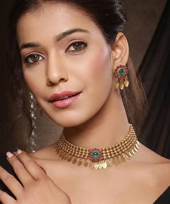 Gold plated temple necklace set with multicolor stones and matching earrings 1