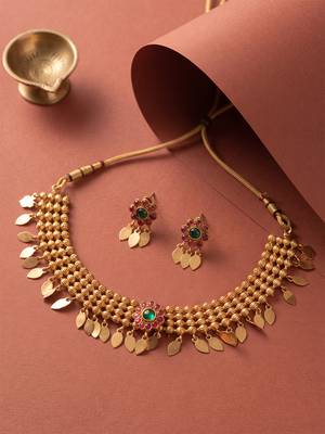 Gold plated temple necklace set with multicolor stones and matching earrings 2