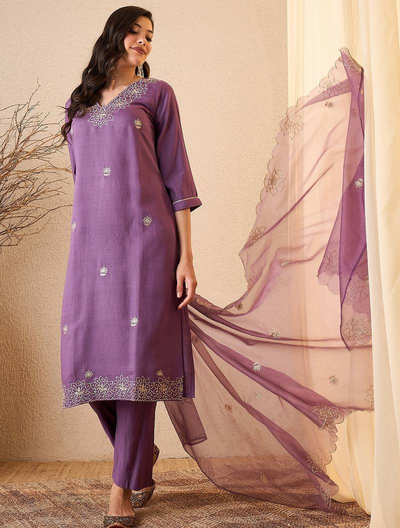 Purple color smart and fancy silk blend embroidered readymade salwar kameez