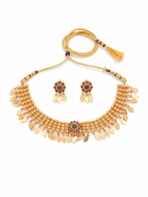 Gold plated temple necklace set with multicolor stones and matching earrings 3