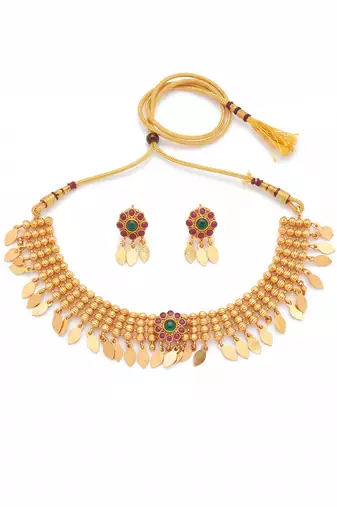 Gold plated temple necklace set with multicolor stones and matching earrings
