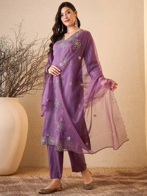 Purple color smart and fancy silk blend embroidered readymade salwar kameez 4