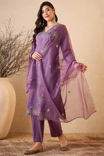 Purple color smart and fancy silk blend embroidered readymade salwar kameez