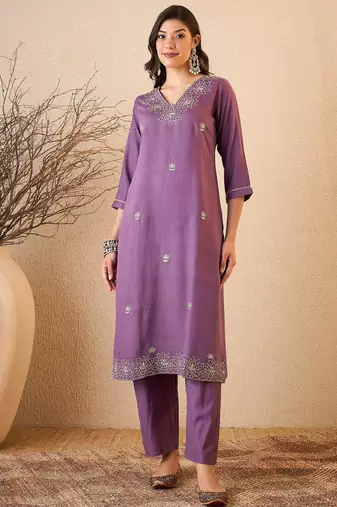 Purple color smart and fancy silk blend embroidered readymade salwar kameez