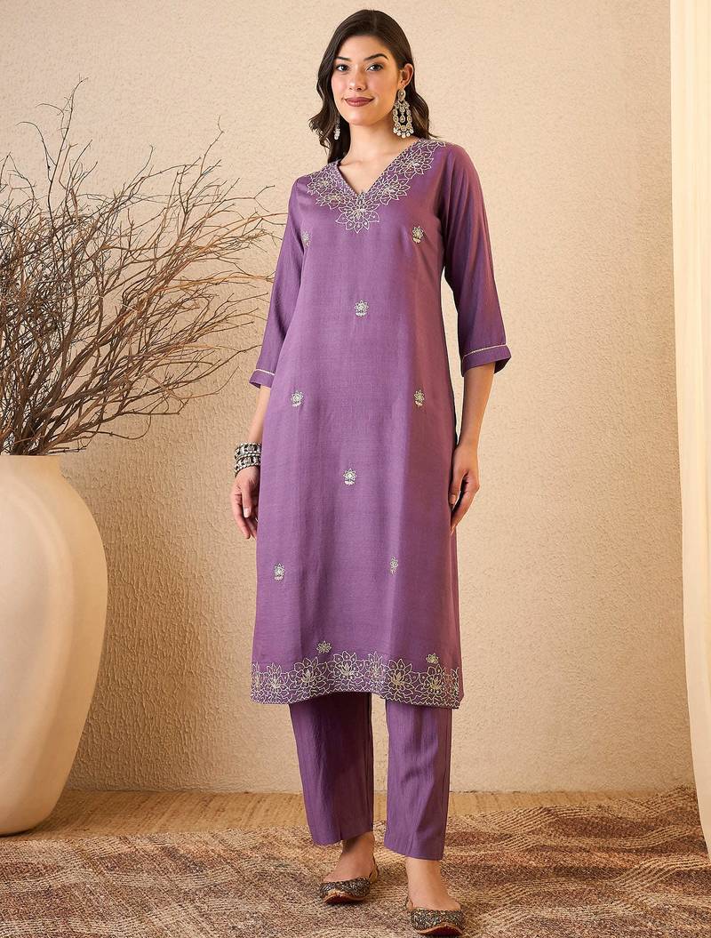 Purple color smart and fancy silk blend embroidered readymade salwar kameez