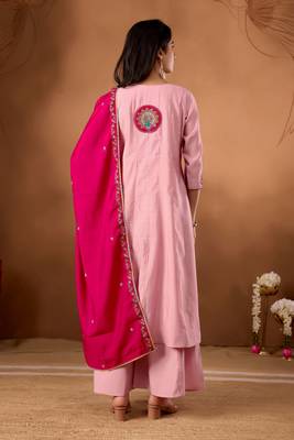 Baby pink color roman silk embroidered work readymade palazzo dress 2
