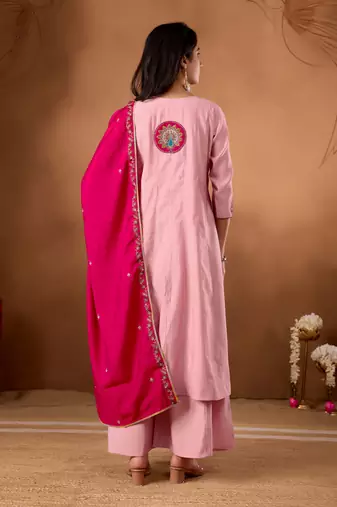 Baby pink color roman silk embroidered work readymade palazzo dress