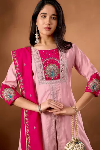 Baby pink color roman silk embroidered work readymade palazzo dress