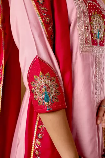 Baby pink color roman silk embroidered work readymade palazzo dress
