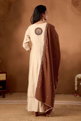 Cream color roman silk embroidered work readymade palazzo dress 2