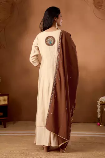 Cream color roman silk embroidered work readymade palazzo dress