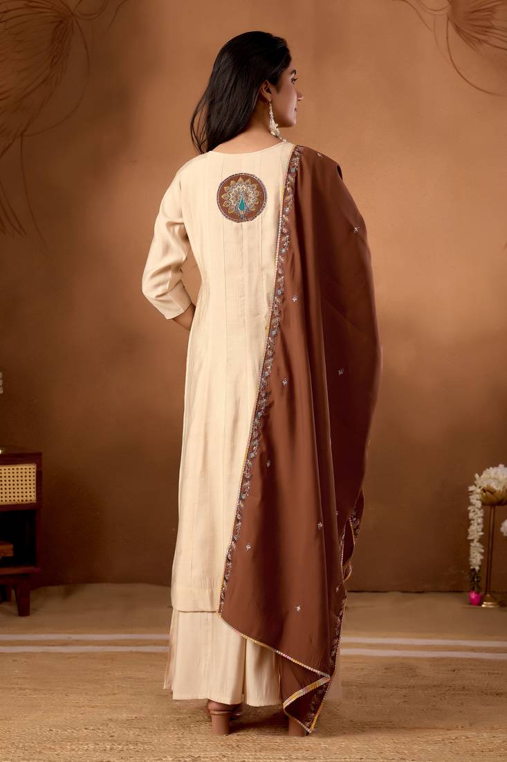 Cream color roman silk embroidered work readymade palazzo dress