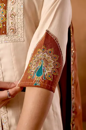 Cream color roman silk embroidered work readymade palazzo dress