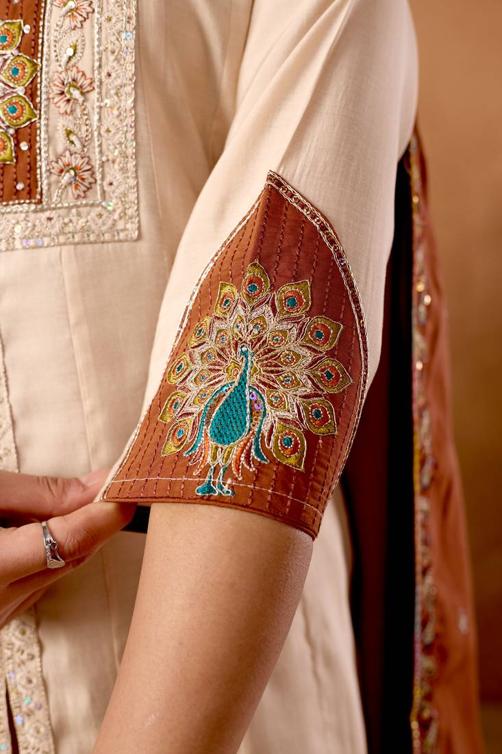 Cream color roman silk embroidered work readymade palazzo dress