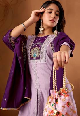 Levender color roman silk embroidered work readymade palazzo dress 3
