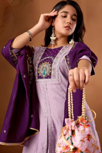 Levender color roman silk embroidered work readymade palazzo dress