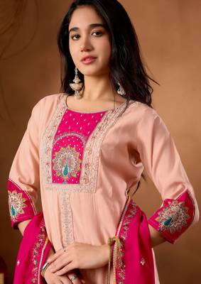 Peach color roman silk embroidered work readymade palazzo dress 3