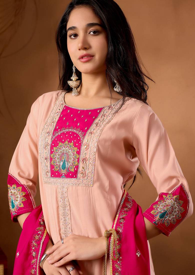 Peach color roman silk embroidered work readymade palazzo dress