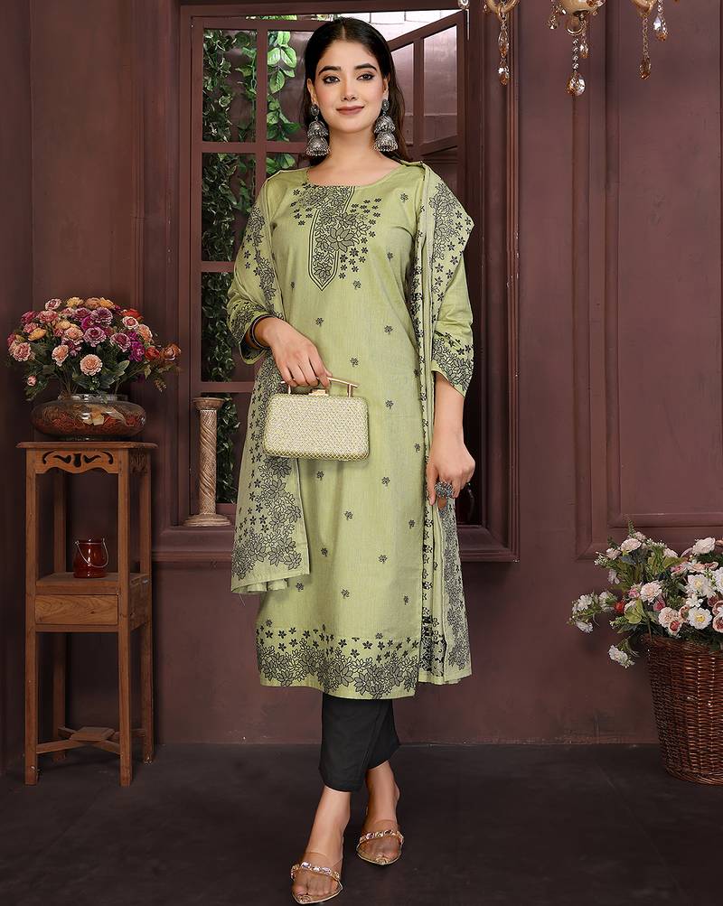 Olive green color smart and stylish cotton fabric elegant kurta set