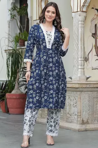 Navy blue color smart and stylish cotton blend fabric elegant kurta set