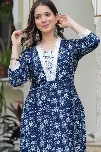 Navy blue color smart and stylish cotton blend fabric elegant kurta set