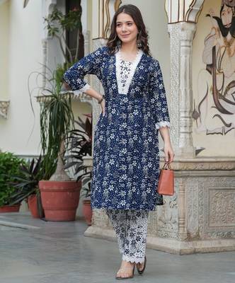 Navy blue color smart and stylish cotton blend fabric elegant kurta set 4