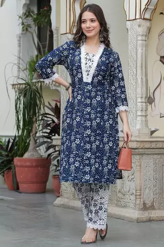 Navy blue color smart and stylish cotton blend fabric elegant kurta set