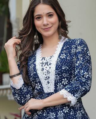 Navy blue color smart and stylish cotton blend fabric elegant kurta set 5