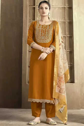 Mustard color smart and stylish chanderi fabric elegant kurta set