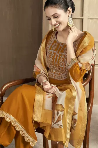 Mustard color smart and stylish chanderi fabric elegant kurta set