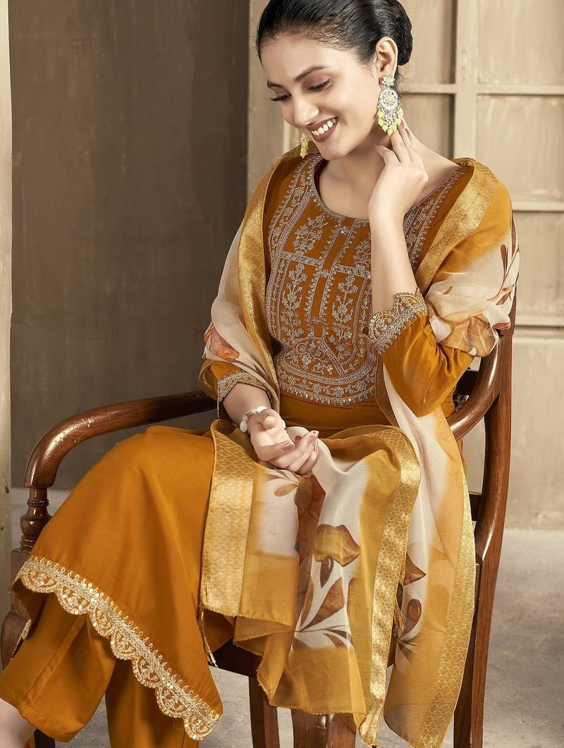 Mustard color smart and stylish chanderi fabric elegant kurta set