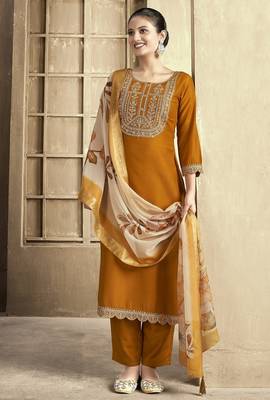 Mustard color smart and stylish chanderi fabric elegant kurta set 4