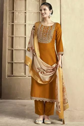 Mustard color smart and stylish chanderi fabric elegant kurta set