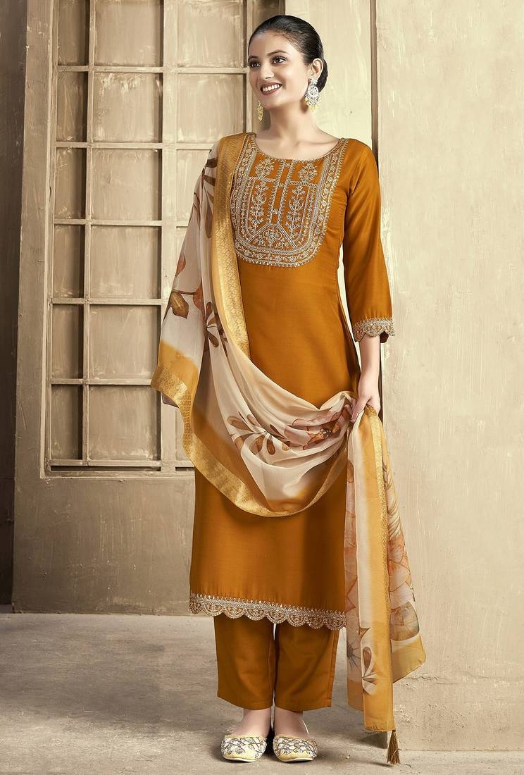 Mustard color smart and stylish chanderi fabric elegant kurta set