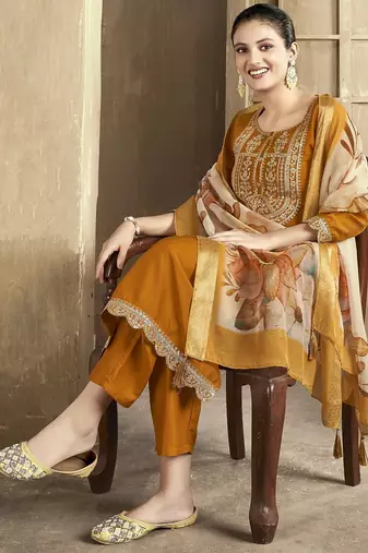 Mustard color smart and stylish chanderi fabric elegant kurta set