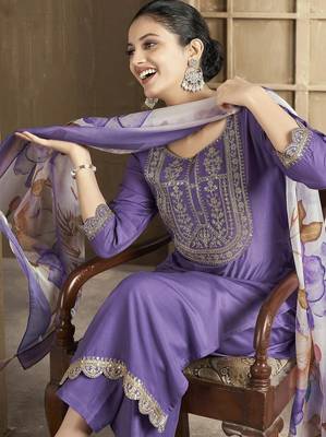 Purple color smart and stylish chanderi fabric elegant kurta set 3